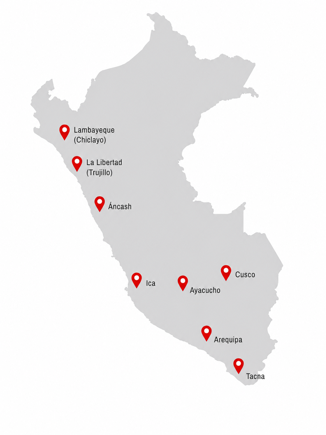 Mapa del Perú con destinos: Chiclayo, Trujillo, Ancash, Ica, Ayacucho, Cusco, Arequipa y Tacna